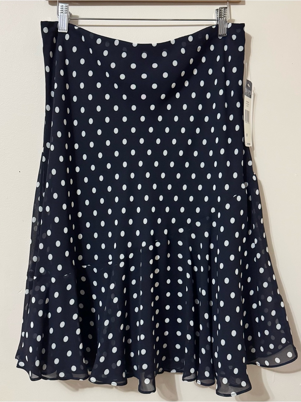 CHAPS (M) NWT elegant chiffon polka dot navi blue midi ruffle skirt